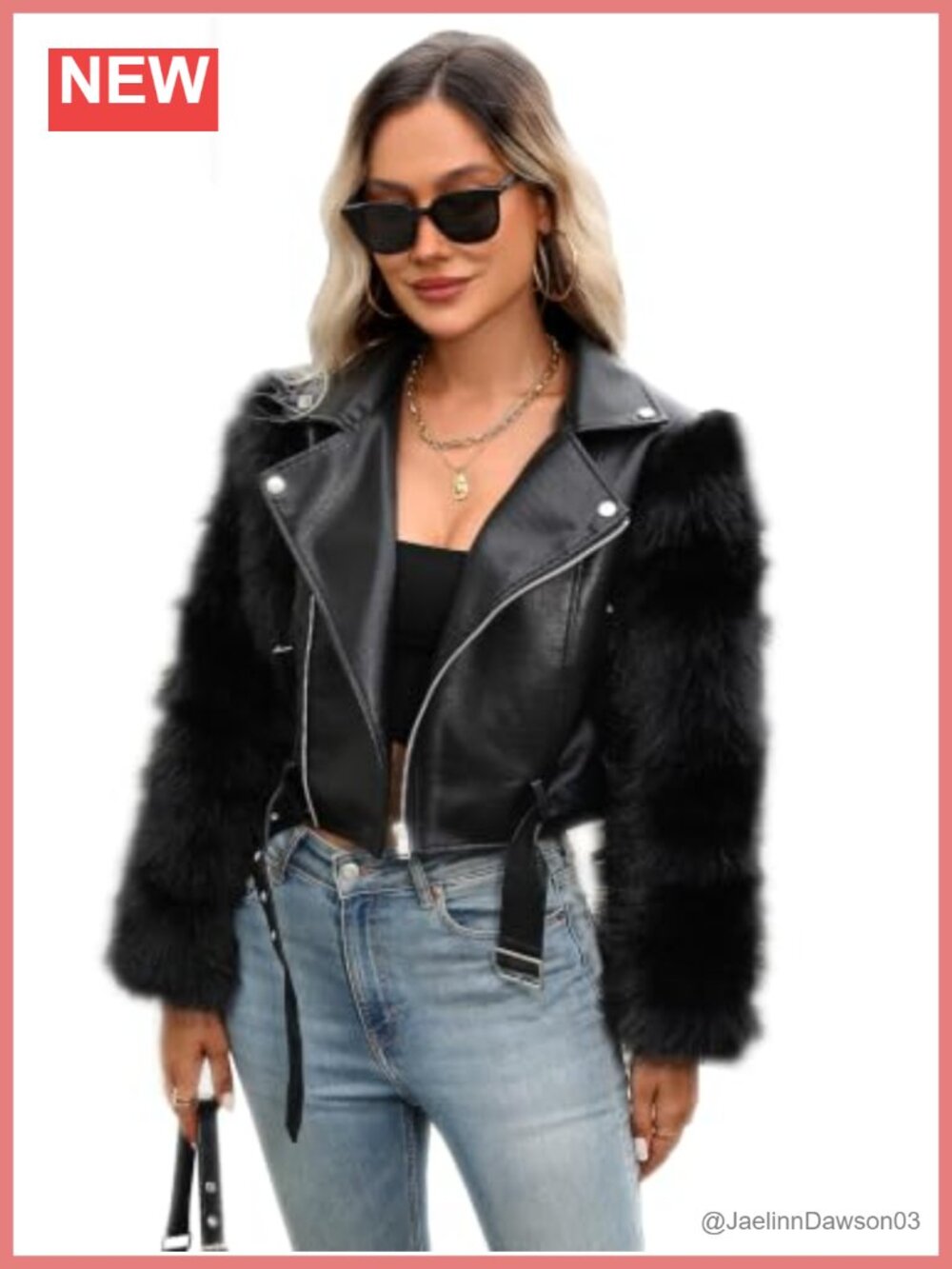 Croc-Texture Faux Leather Jacket with Fur Sleeves Cropped Moto